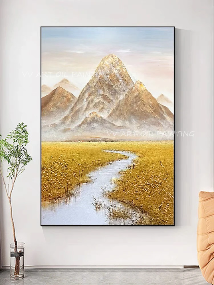 Gold foil mountain top river art 100% handmade canvas thick modern texture oil painting for office living room gift