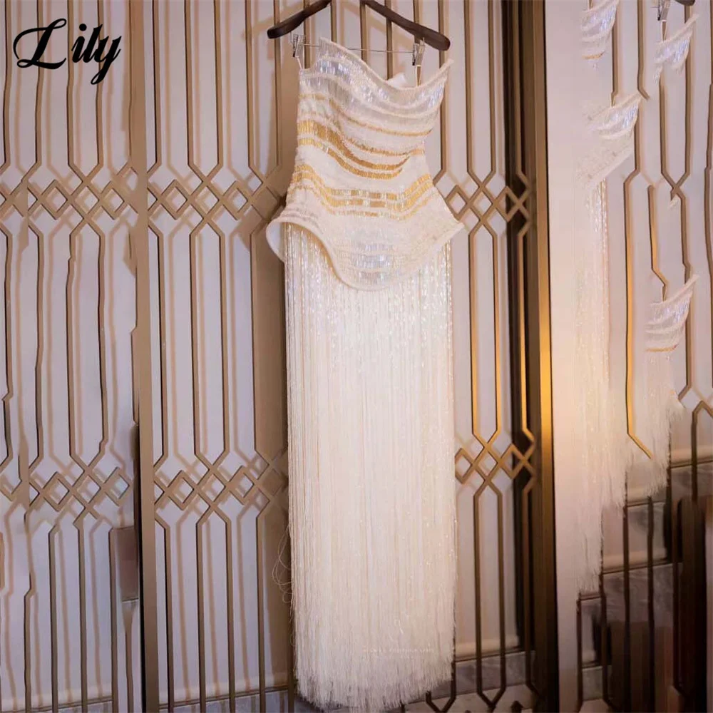 Lily White Prom Dresses Sequin Crystal Bodice Evening Dress Long Tassel Mermaid Party Dress Sleeveless Robe De Soirée Customized
