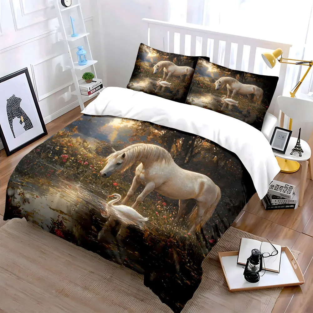 Horse and Swan Meeting in Lake Printed Duvet Cover Set 1 Duvet Cover+2 Pillowcase Multi Size Bedroom Bedding Decor Luxury Gift