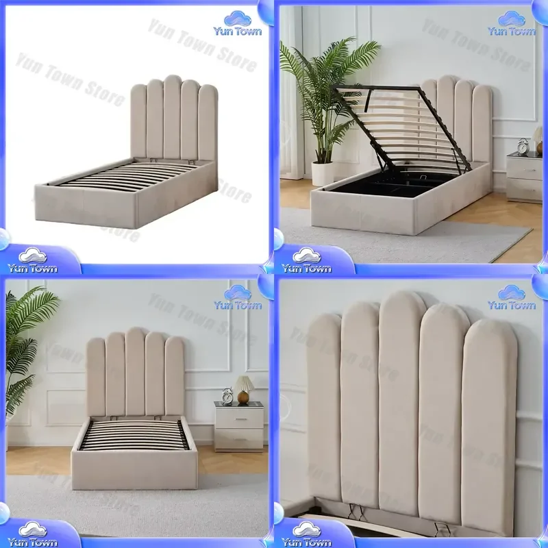 for Kids Bed for Girls Room Finger Shape Velvet Fabric Luxury Single Twin Bed with Hydraulic Lift Storage Princess Theme Kids