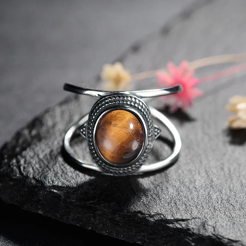 Natural Stone 925 Sterling Silver Ring Big Oval Tiger Eye  Stone Retro Engagement Wedding Party Gift for Men Women Jewelry