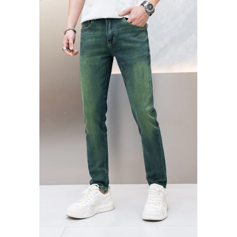 2024 New emerald green fashion jeans men's light luxury high-end fashion elastic fitted all-matching casual skinny trousers