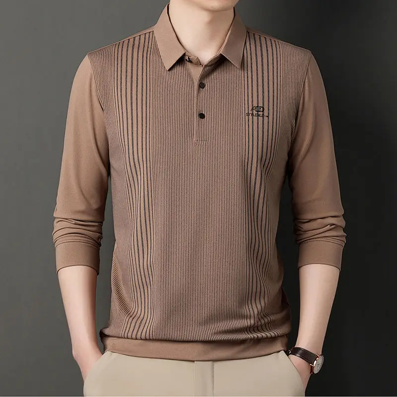 Polo décontracté à manches longues pour hommes, haut polyvalent, imprimé monochrome, bouton à revers brodé, affaires de haute qualité, nouveau,