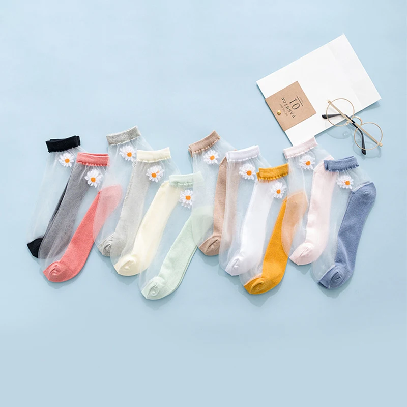 

Silk Socks For Women Transparent Glass Lace Silk Socks Japanese Harajuku Ultrathin Breathable Daisy Embroidery Ankle Socks