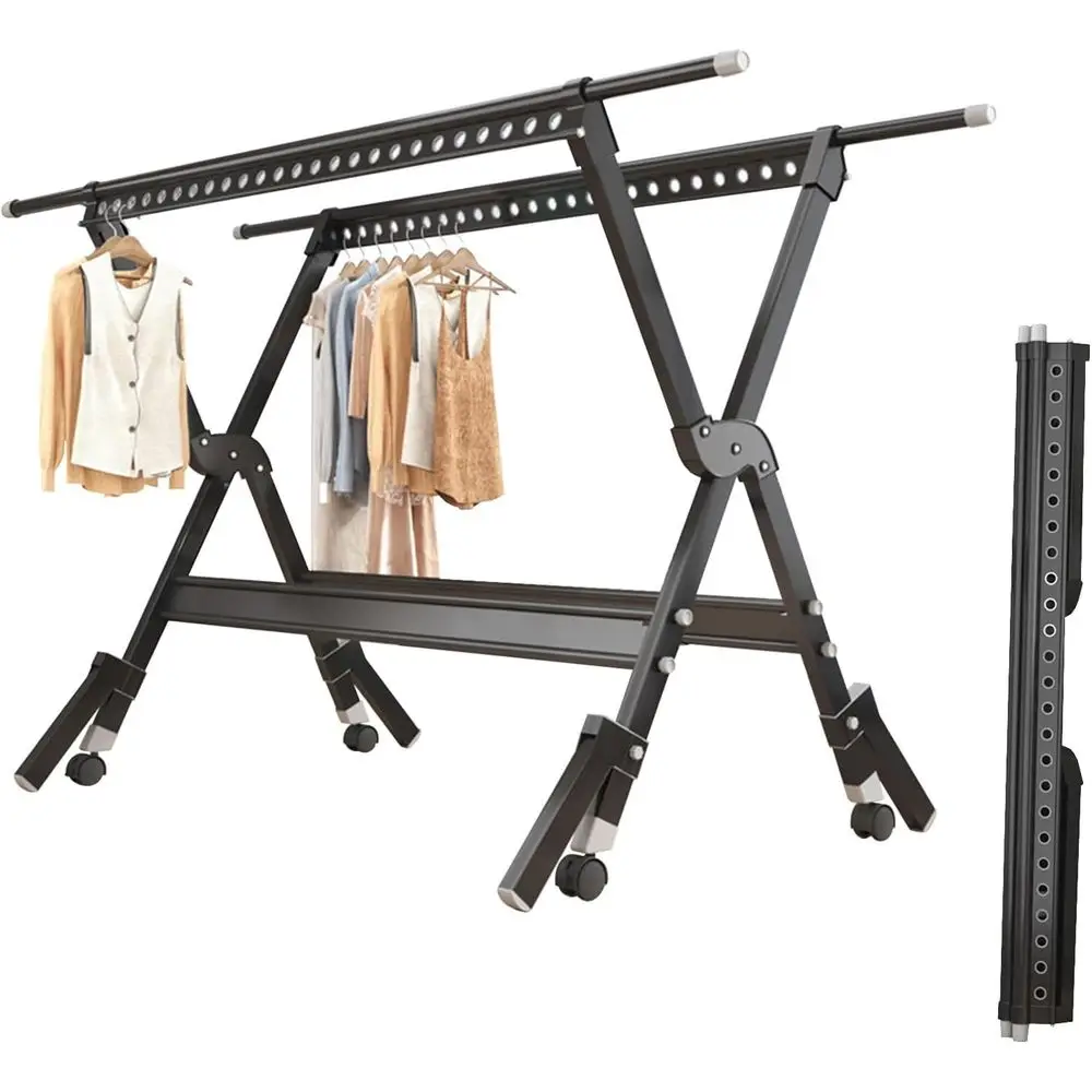 

Indoor/Outdoor Heavy-Duty Retractable Clothes Drying Rack with Windproof Hooks for Bed Linen, Clothing, and Socks - Black, 130cm