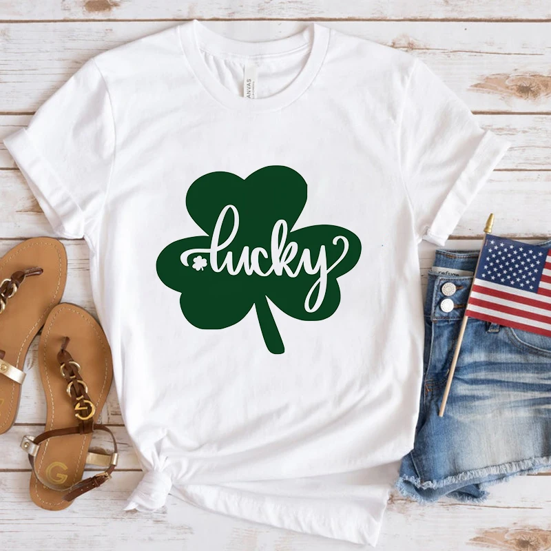 

Hot St. Patrick'S Day Clover Lucky Print T-Shirt Loose Short Sleeve Harajuku Casual Tops Women Men T-Shirt