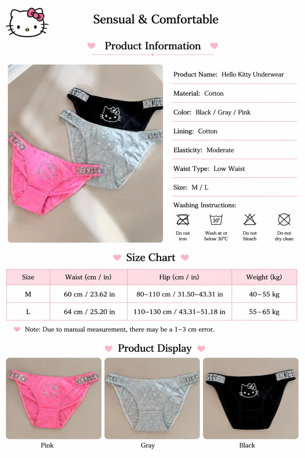 Sanrio Hello Kitty Rhinestone Cotton Low Rise Women Bikini Briefs Triangle Panties Soft Sexy Girls Sweet Spicy Intimate Panties - view 6