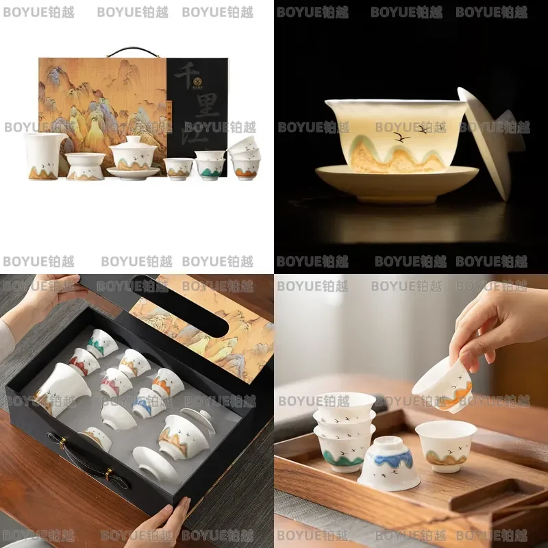Sancai Ceramic Kung Fu Tea Set Thousand Miles Landscape Pattern Gaiwan Six Color Cups Porcelain Teaware Gift Box