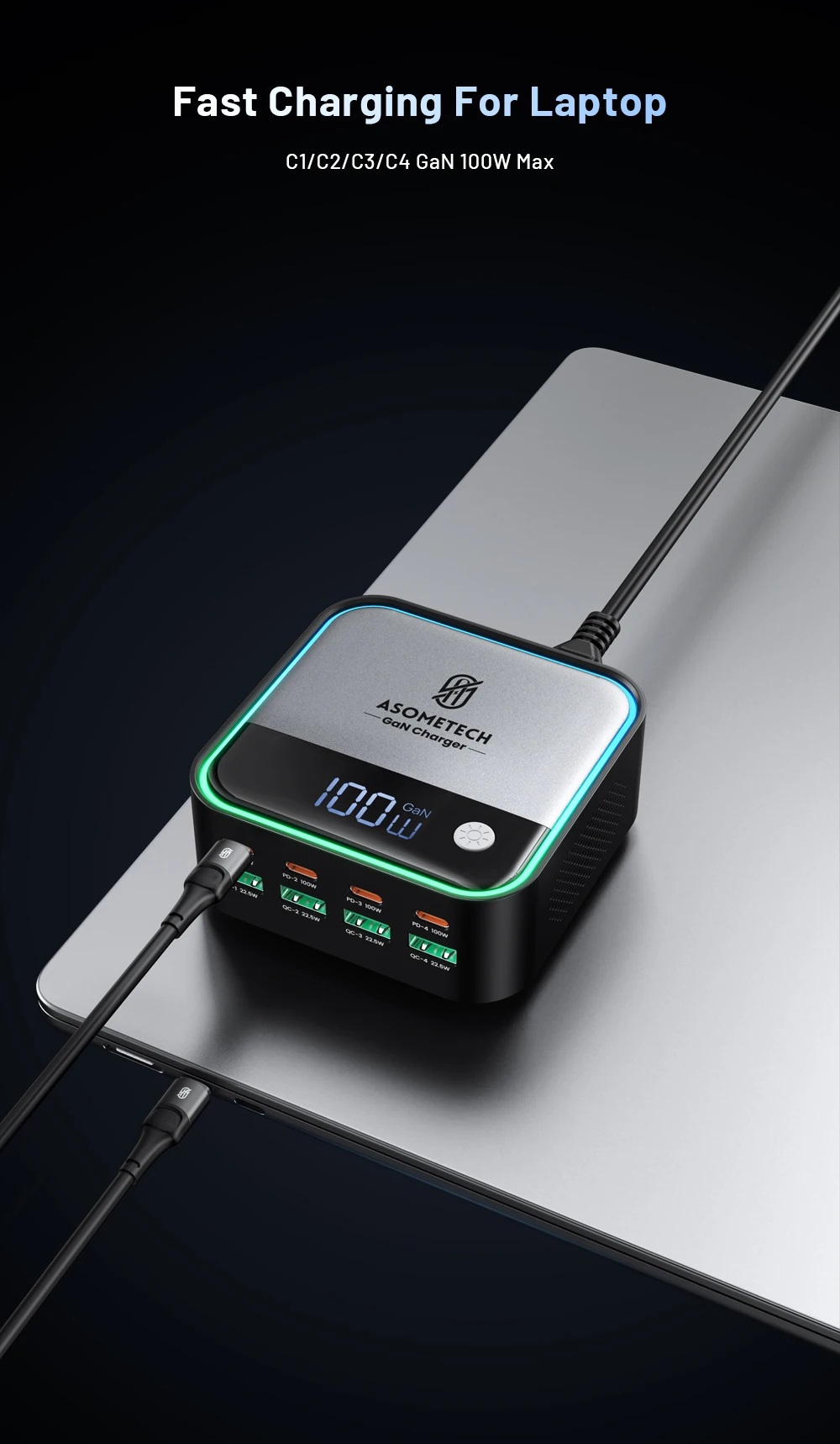 GaN USB C Charger 8 Port Mini Desktop Charger Ambient Lighting Display 4 X 100W PD PPS Fast Charger For Laptop iPhone 15 Samsung