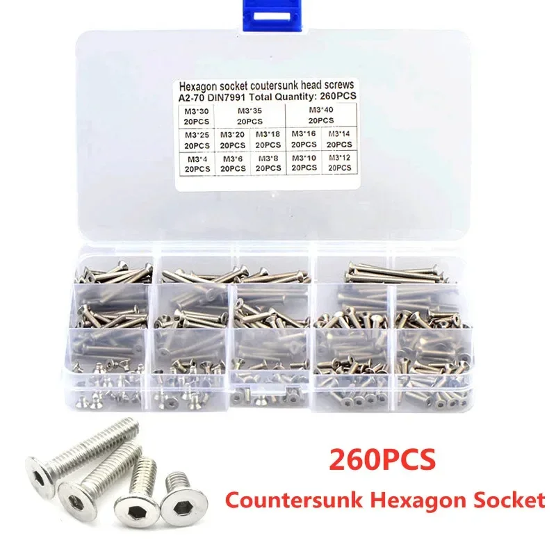 260pcs M3 Hex Hexagon Socket Countersunk Head Screw Kit Stainless Steel 304 DIN7991 Flat Head Bolt Screw Combination Set