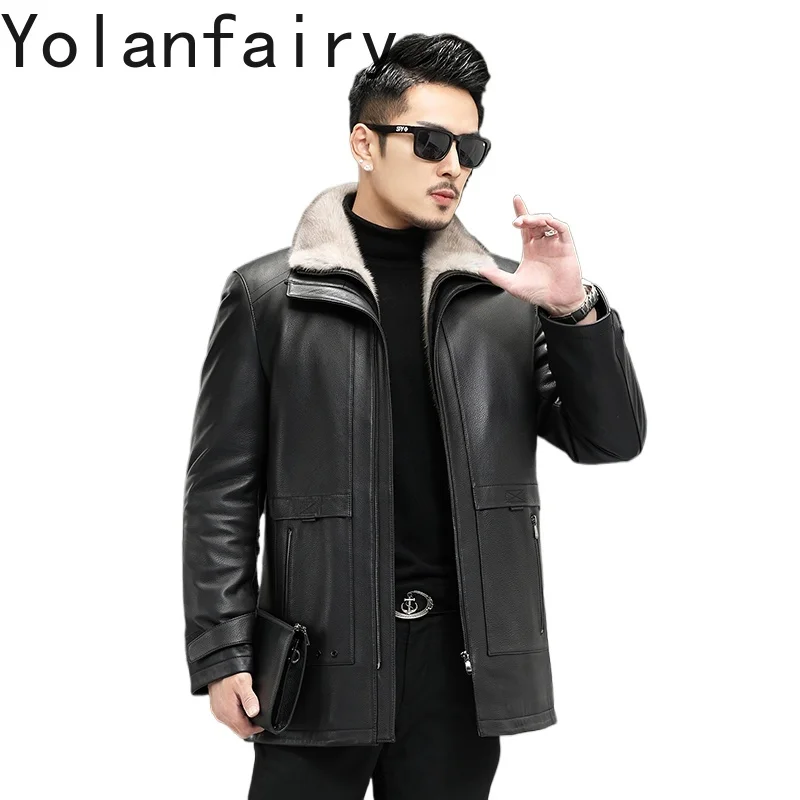 

YOLANFAIRY High-end Detachable Whole Mink Fur Liner Jacket for Men Winter Real Sheepskin Leather Jackets Man Jaqueta Masculina