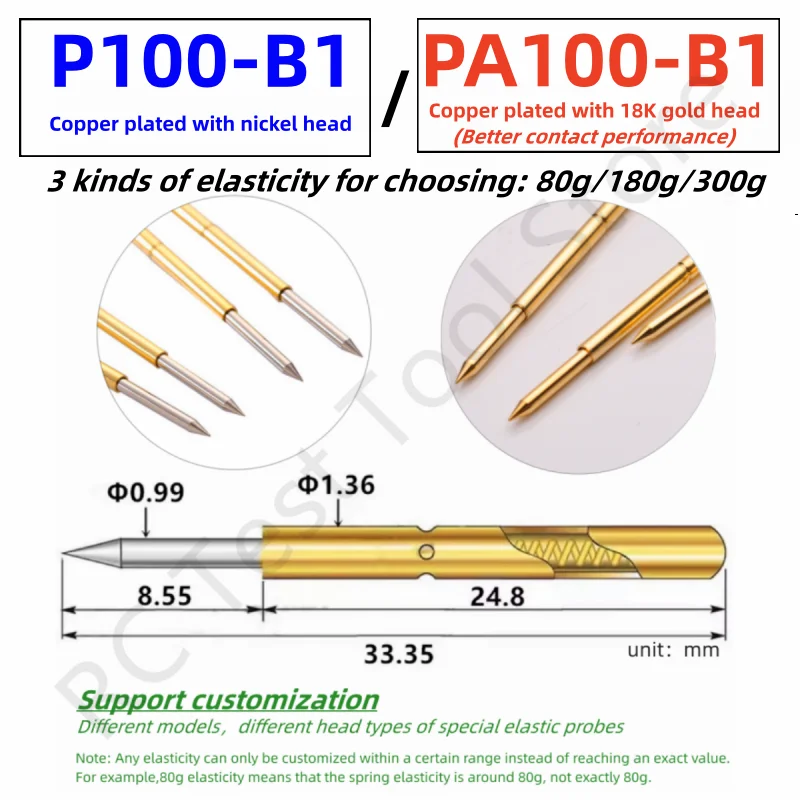 20/100 pz P100-B1 sonda di prova a molla P100-B Pin di prova PA100-B PA100-B1 strumento di prova 33.35mm Dia 1.36mm punta dell\'ago Dia 0.99mm Pogo