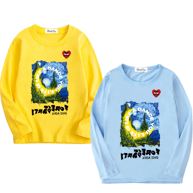 

Starry Night Oil Painting Printing Boy Girl T-shirt Cotton Cartoon Red Snag Heart Embroidery O-neck Long Sleeved Summer T-shirt