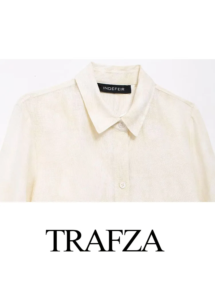 Camicia Casual da donna TRAFZA Set da 2 pezzi Top monopetto a maniche lunghe con risvolto Beige + pantaloncini da strada da donna con elastico in