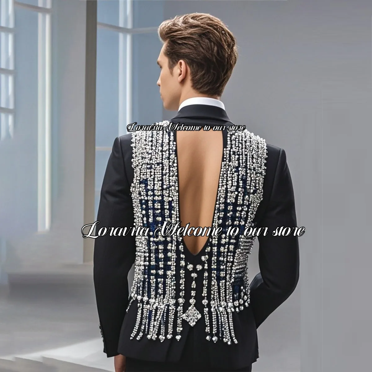 Luxury Hollow Back Wedding Groom Tuxedos Sparkly Beaded Crystals Men Suits 2 Pieces Male Prom Blazerstraje de hombre elegante