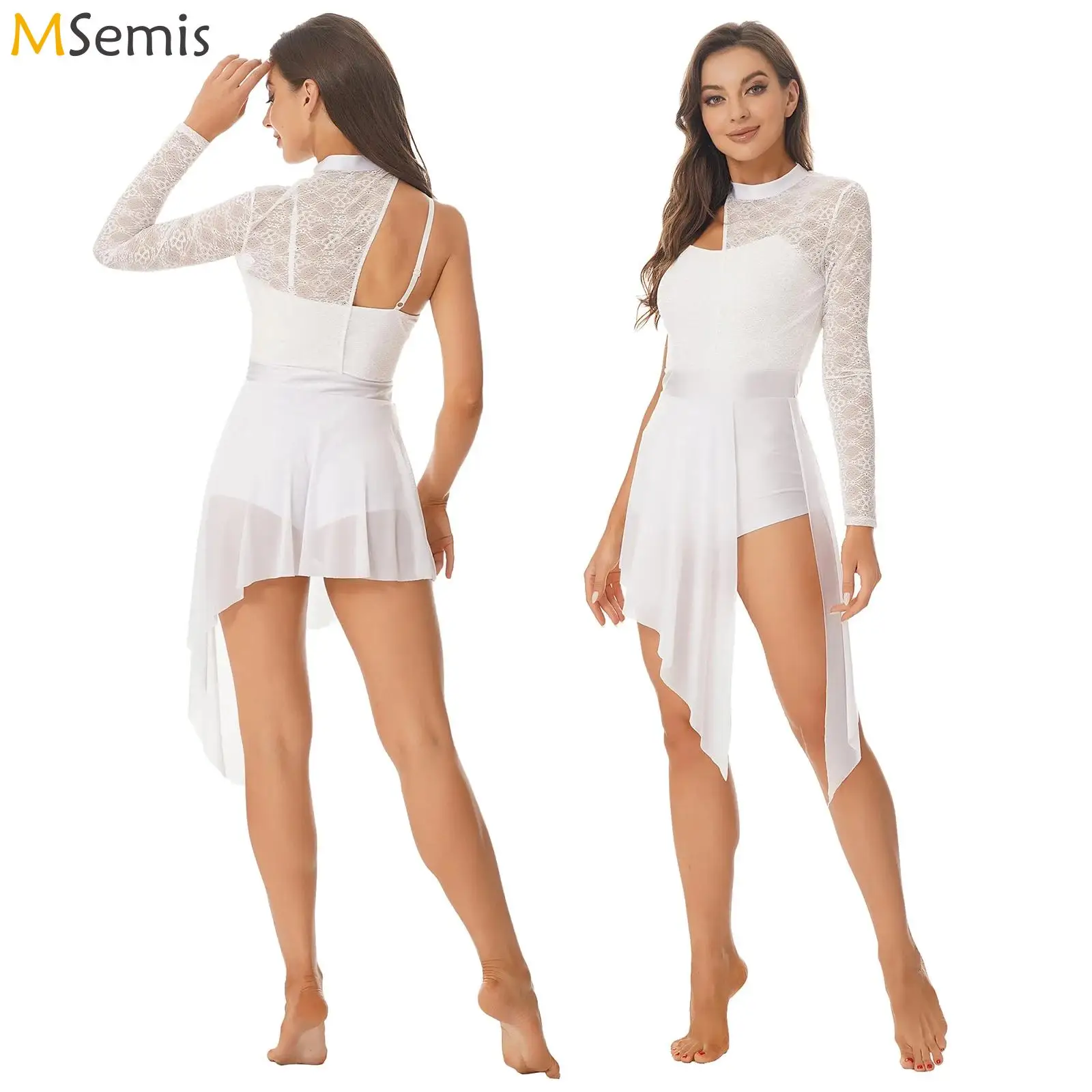 Traje de dança assimétrica feminina, vestido patinador no gelo para meninas, collant de ginástica com um ombro, emenda de tule, figura dançarina