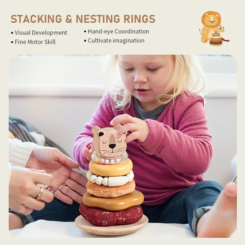 Wooden Lion Stacking Column Toy Early Educational Shape Sorting Building Blocks for Kids fine motor skills toys
