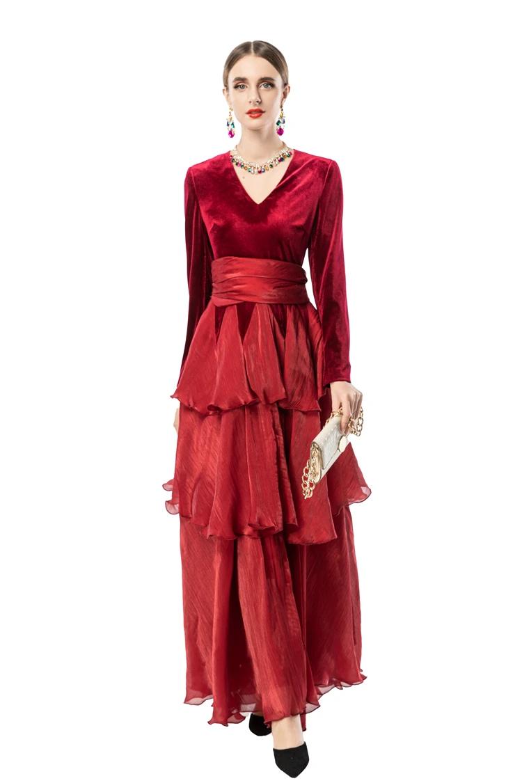 Women's Red Velvet Long Sleeve Maxi Dress, V-neck Gown with Chiffon Ruffled Skirt & Matching Scarf, Elegant Evening Party Dress