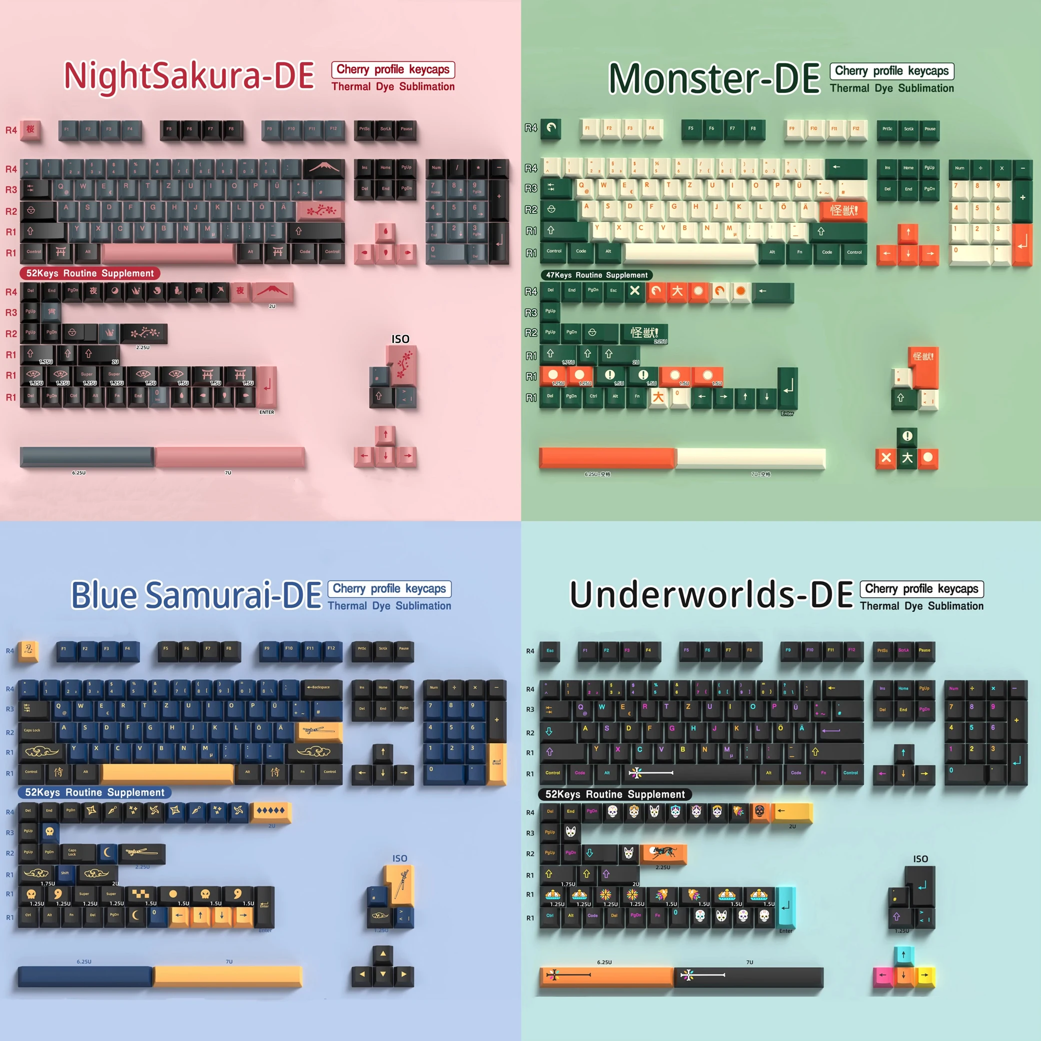 German keyboard keycaps Cherry Profile PBT Sub Dye ISO Layout DE Keycaps 136-156 Keys For Mechanical Keyboard 7U Space