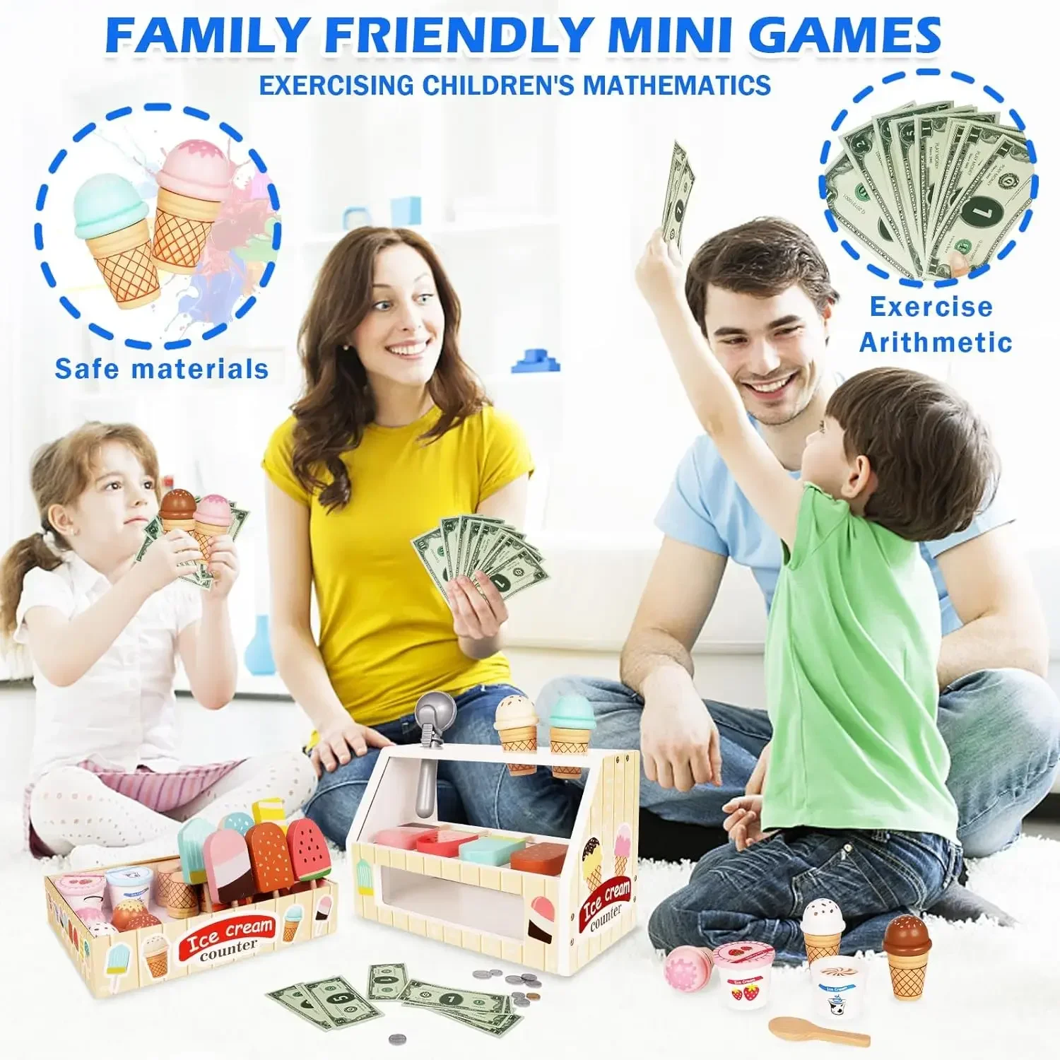 幼児用木製アイスクリームカウンタープレイセット、モンテッソーリごっこ遊び食品おもちゃキッチンアクセサリー