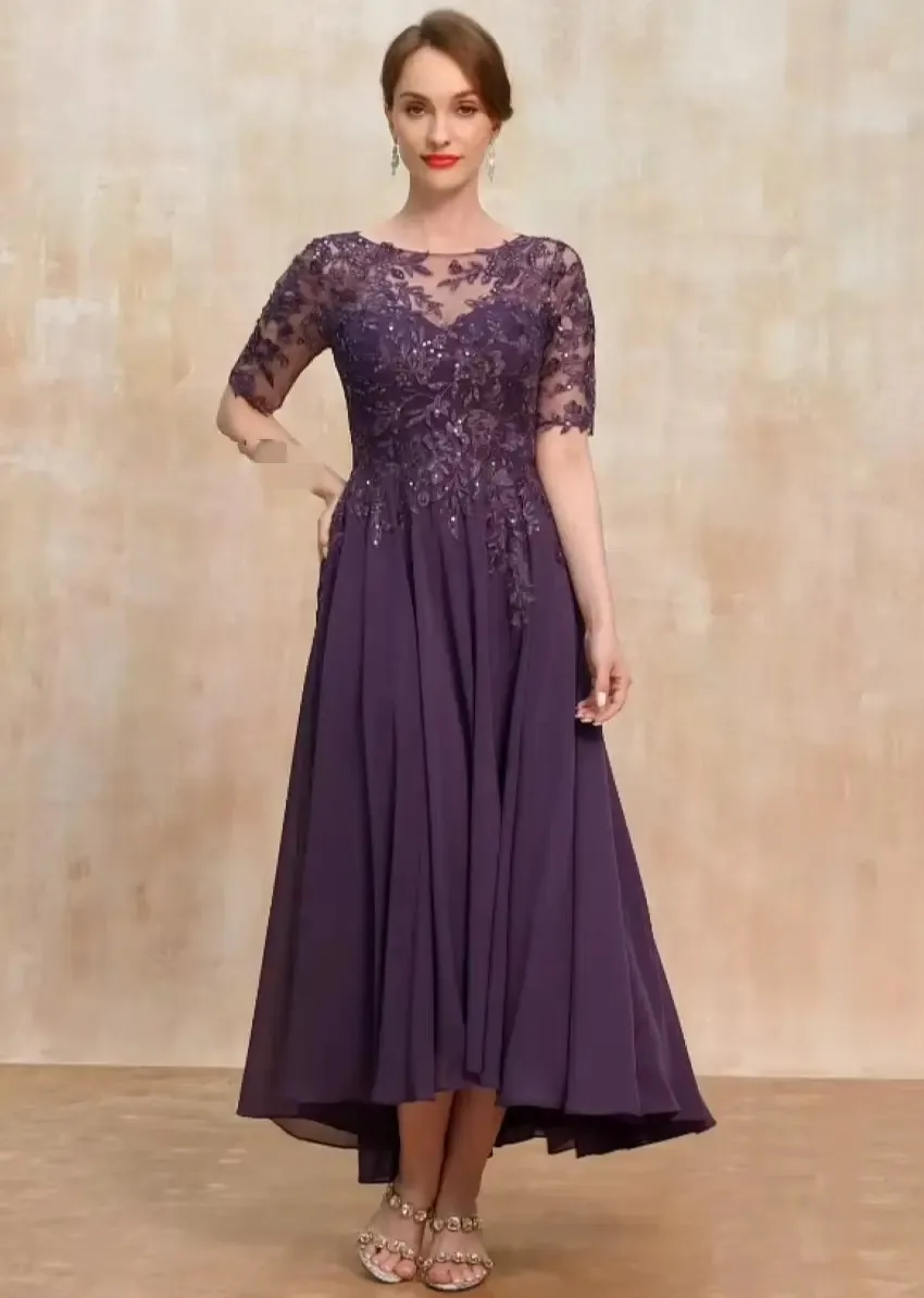 

2025 New Purple Mother of The Bride Dress Scoop Illusion Asymmetrical Chiffon Lace Ankle Length Wedding Guest Party Gowns