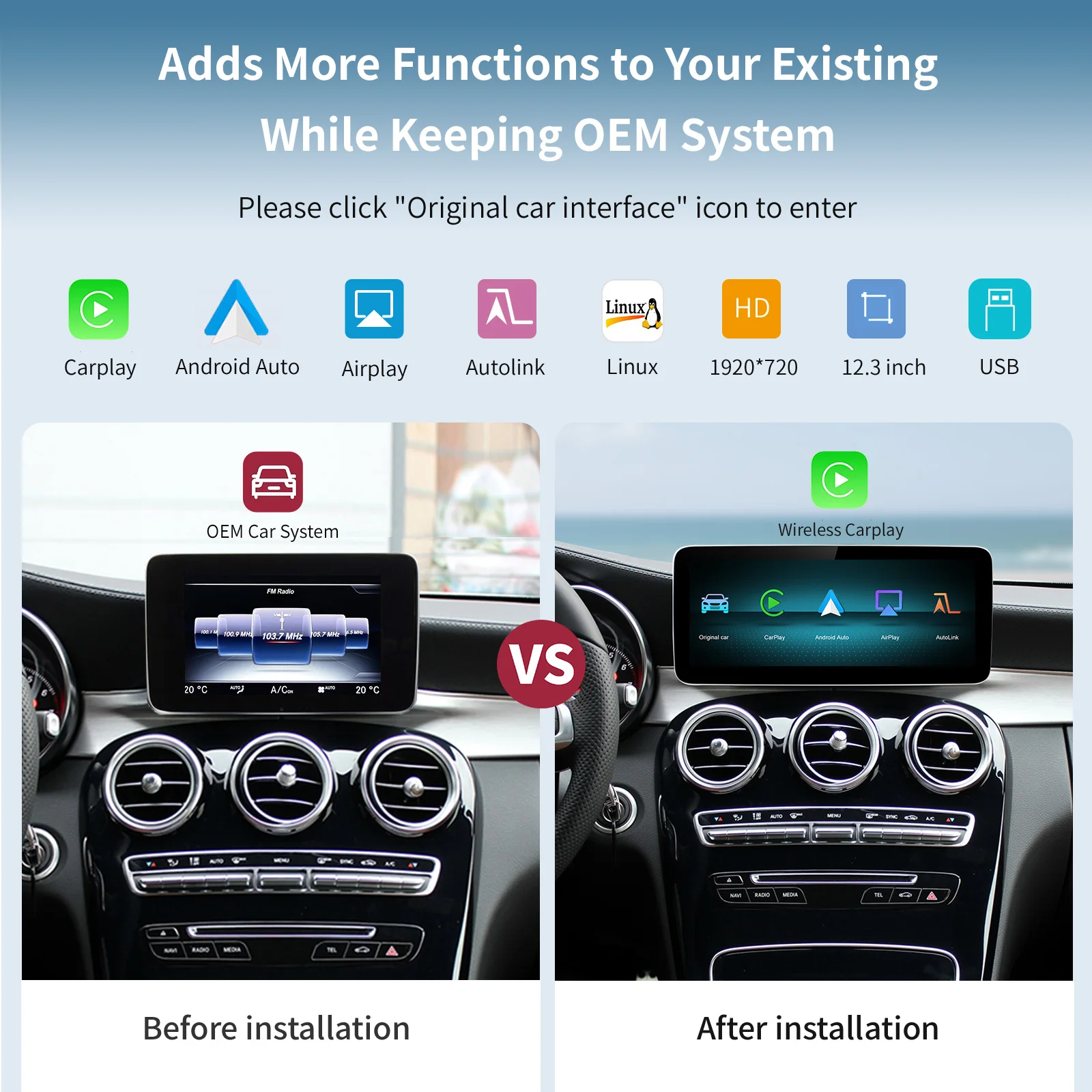 Wireless Carplay/Android Auto 12.3'' Touch screen Multimedia Radio Receiver for Mercedes Benz NTG5.0 GLA CLA GLC HD 1920 * 720