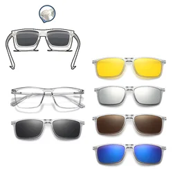 Transparent Grey Square Frame Sunglasses 6 In 1 Magnetic Clip Glasses Men Polarized Night Vision Eyeglass Can Custom