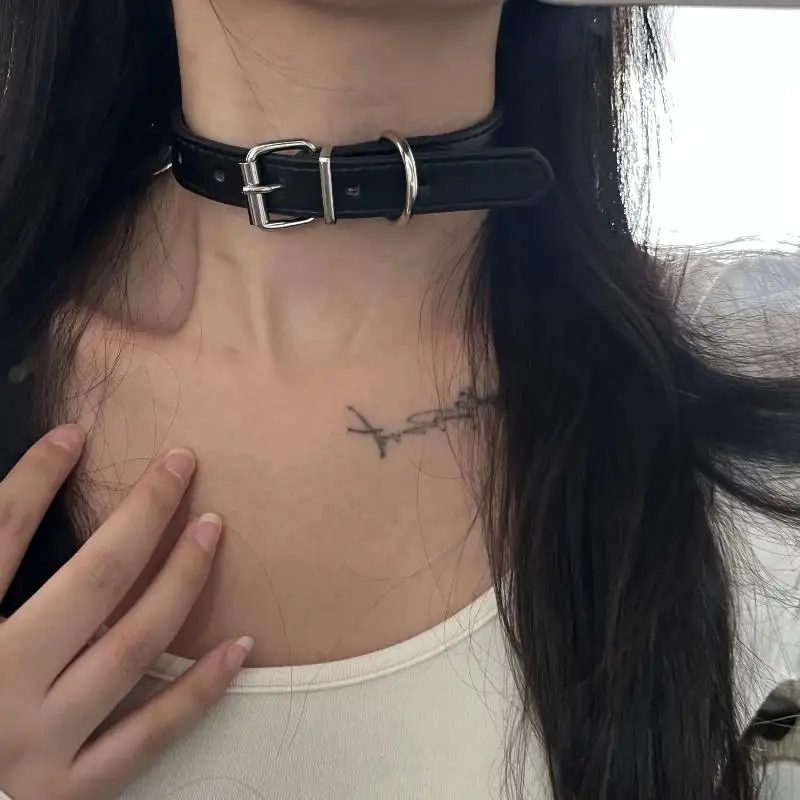 Gothic Punk Belt Buckle Choker Necklace Dark Durable PU Leather Jewelry for Men Women Music Festival Outfit