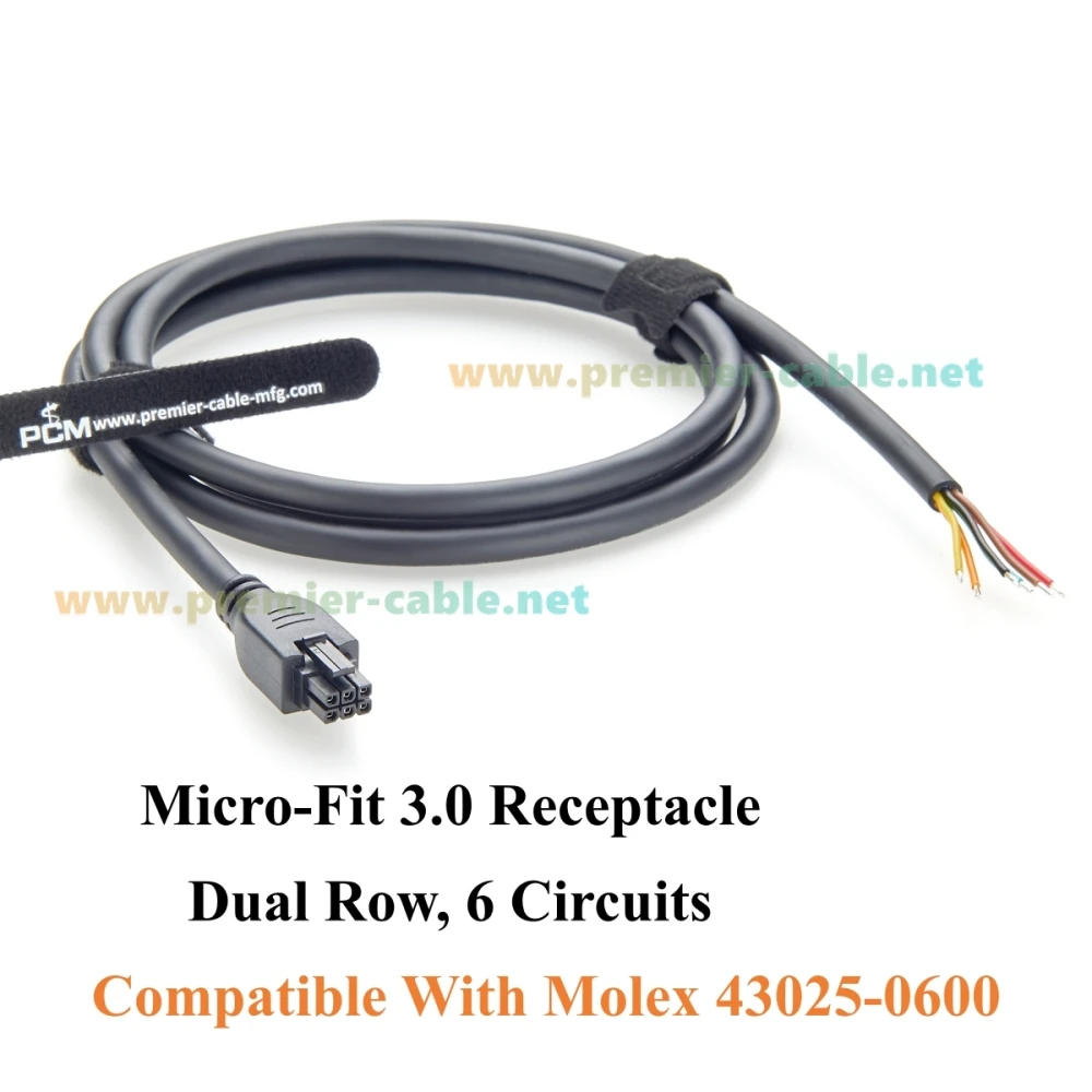สายเคเบิลแบบเปิดปลาย รองรับ Molex 430250600 6 ขา Micro-Fit 3.0 ตัวเมีย แบบสองแถว 6 วงจร สำหรับส่งสัญญาณและจ่ายไฟ