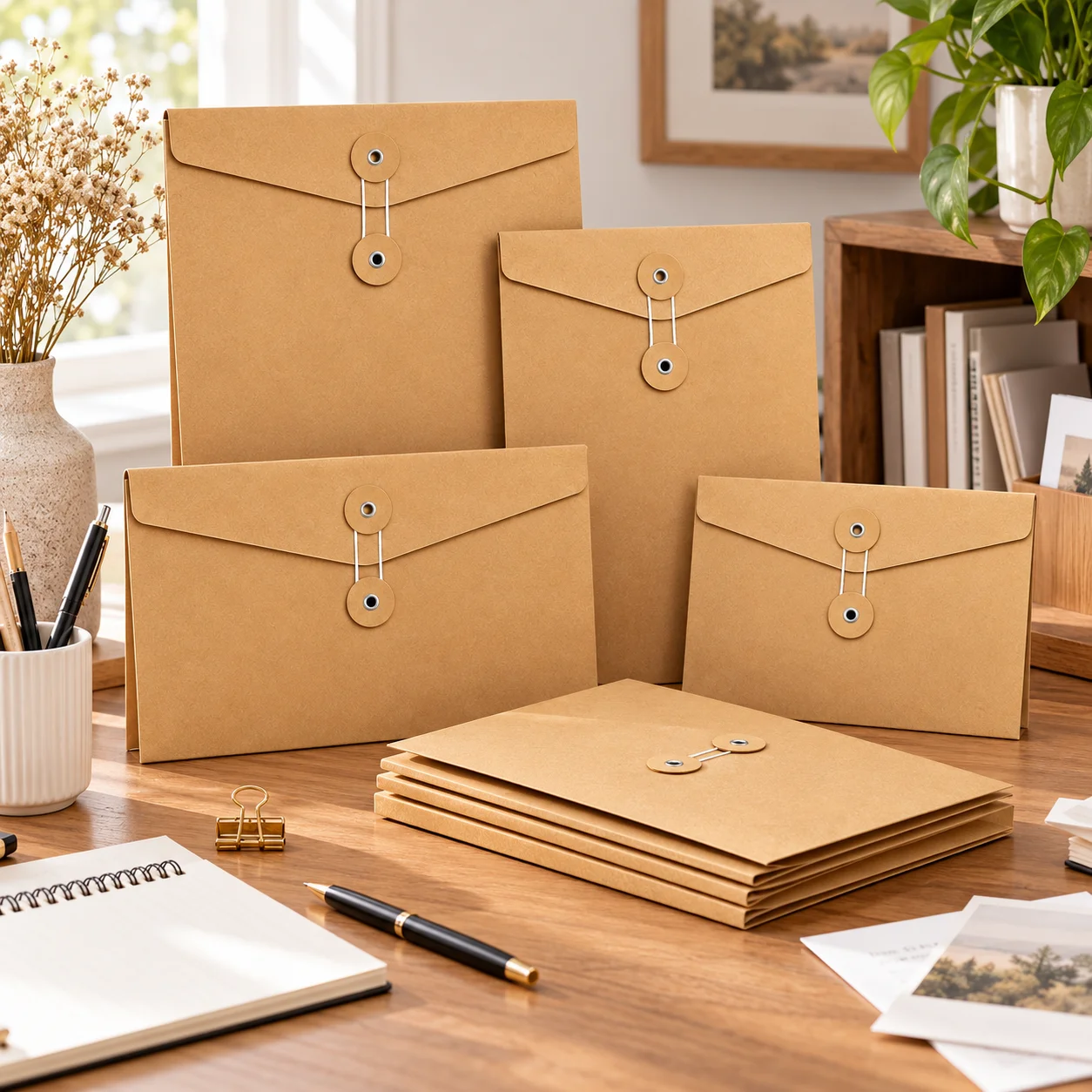 Vintage Kraft Paper Document Bag A4/A5 Large Capacity Storage Envelope Bag with Drawstring Closure Document Protection Bag Office Study File Bag Stationery Storage Bag