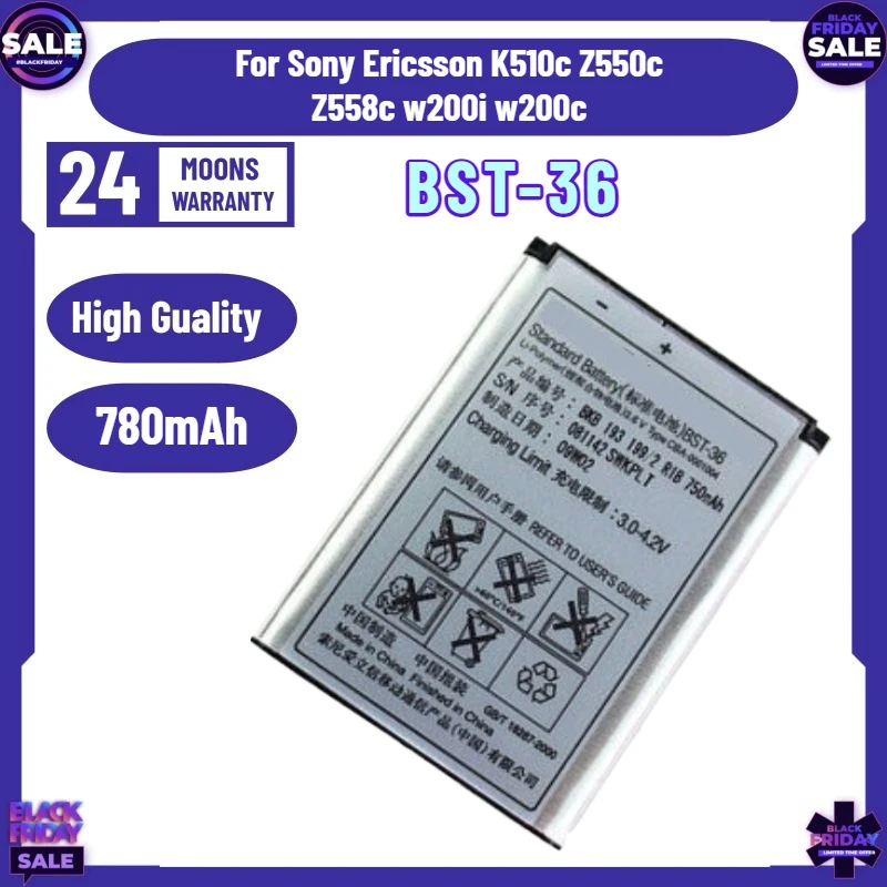 

2PCS Battery BST-36 780mAh for Sony Ericsson BST-36 Battery K510c Z550c Z558c W200i W200c Mobile Phone Battery