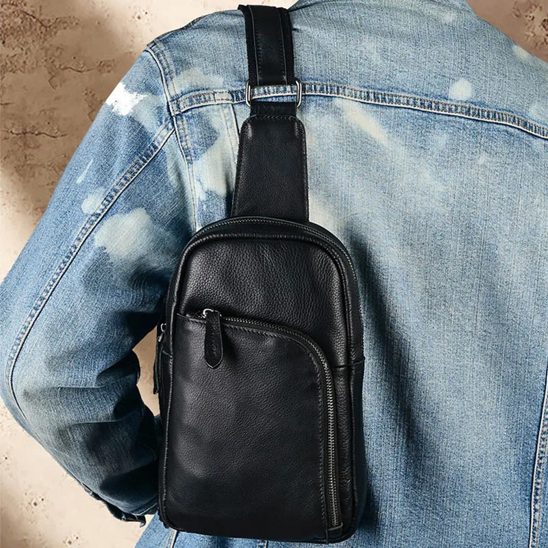 Black Genuine Leather Single Shoulder Chest Bag with Adjustable Strap and Multiple Zipper Pockets Casual Cowhide Bags for Men