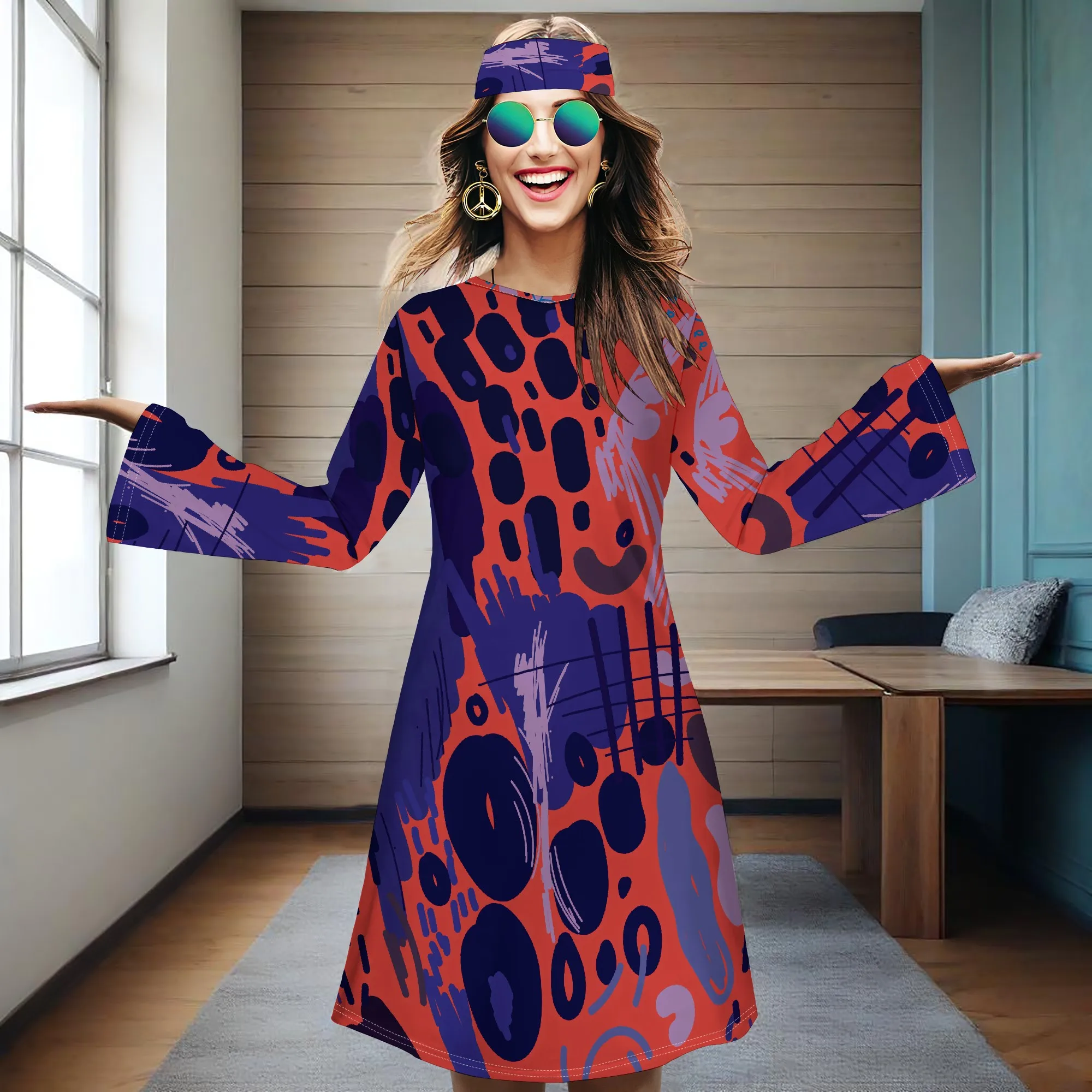 

Women's Spring And Autumn Long Sleeved Dress (Headband), Vintage Fashion Pattern Print, Essential for Dating