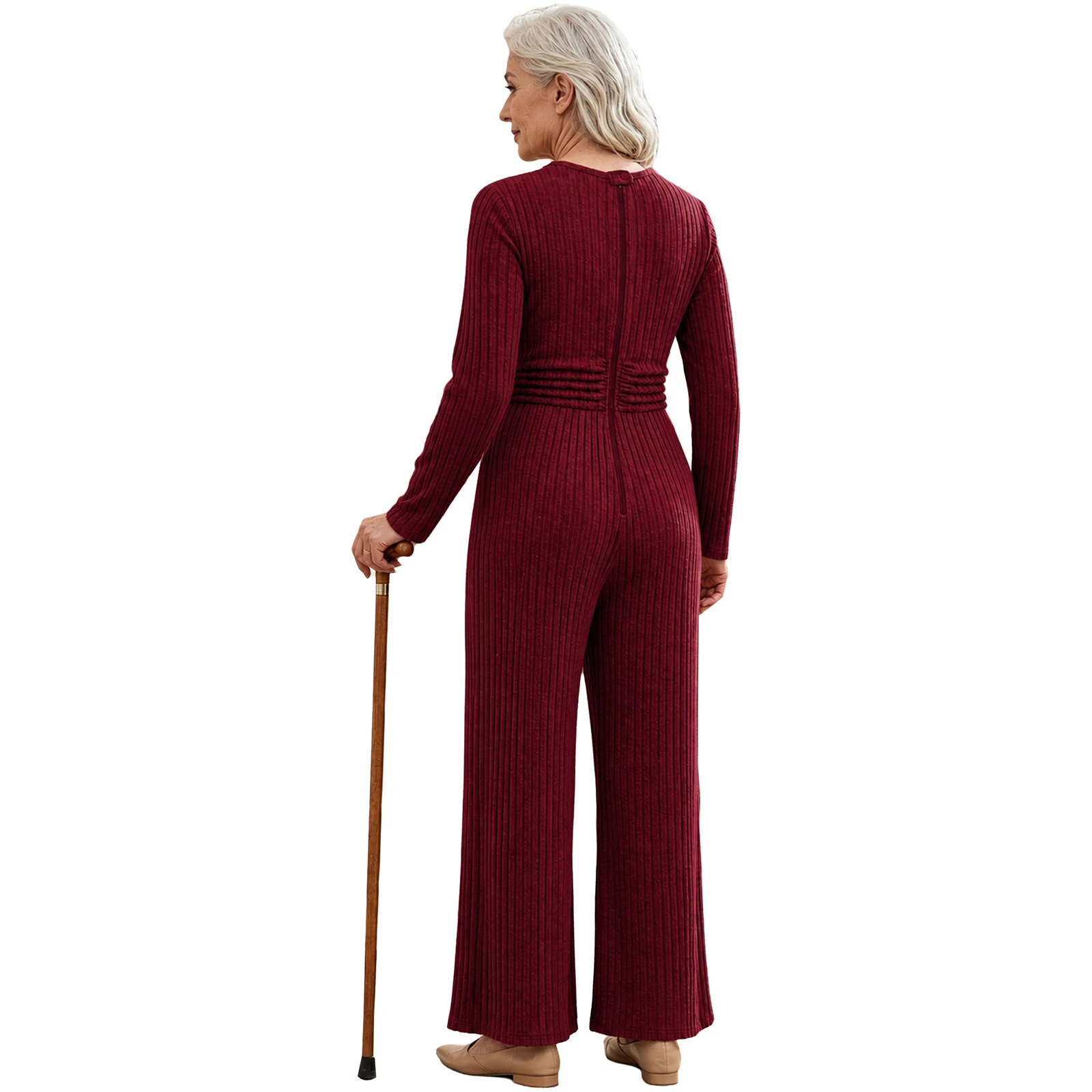 Elderly Women Special Need Adaptive Clothing Jumpsuit Long Sleeve Anti-strip Back-zip Ruched Waist Brushed Ribbed One-piece