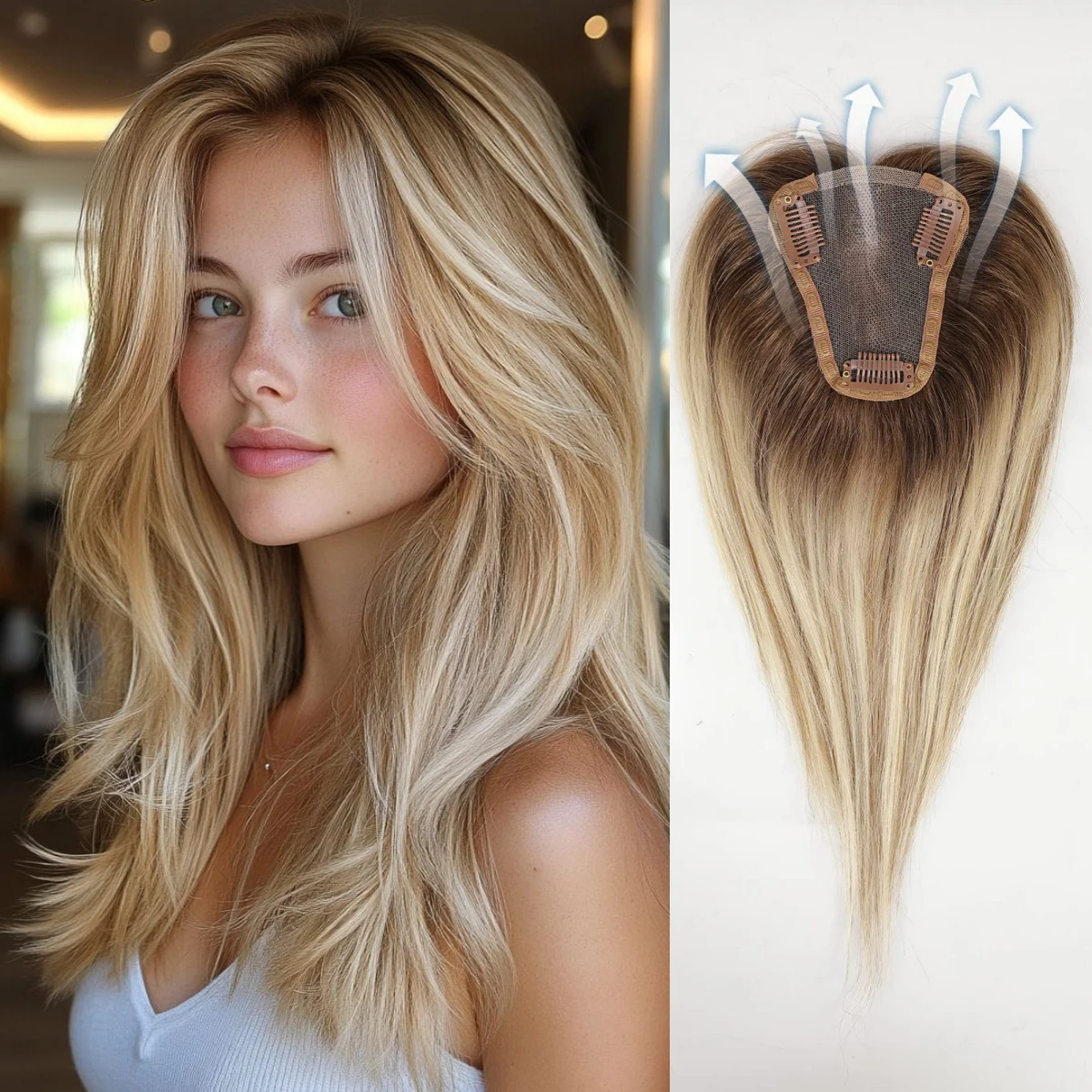 

Накладка для волос из 100% натуральных волос Реми, 12 дюймов, прямая, с центральным пробором, на кружевной основе, омбре: блонд и коричневый, для женщин, для повседневного использования и вечеринок