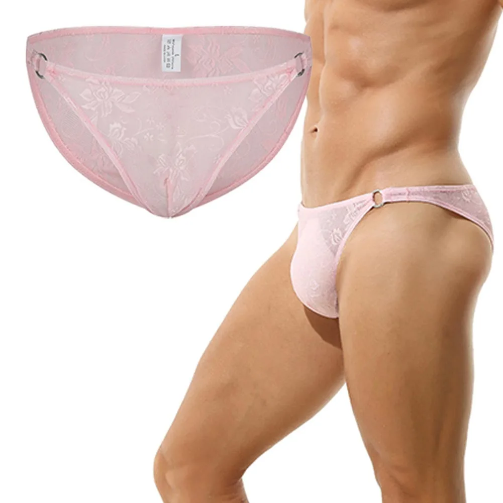 

Mens Fashion Low Waist Bikini Bottom Pouch Underpants See Through Lace Ring Decoration Breathable Underwear Briefs