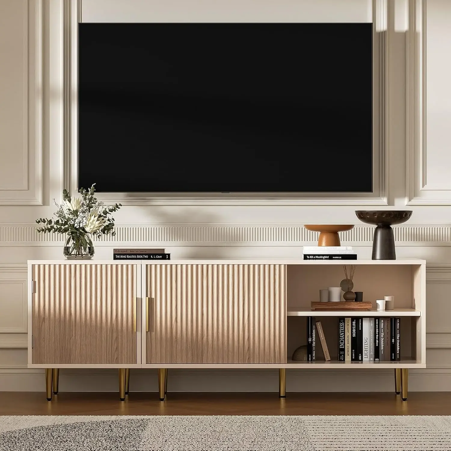 Combined Modern TV Stand for 55/60/65 inch TV, Small Entertainment Center with Adjustable Shelf, TV Media Stand with Storage Cab