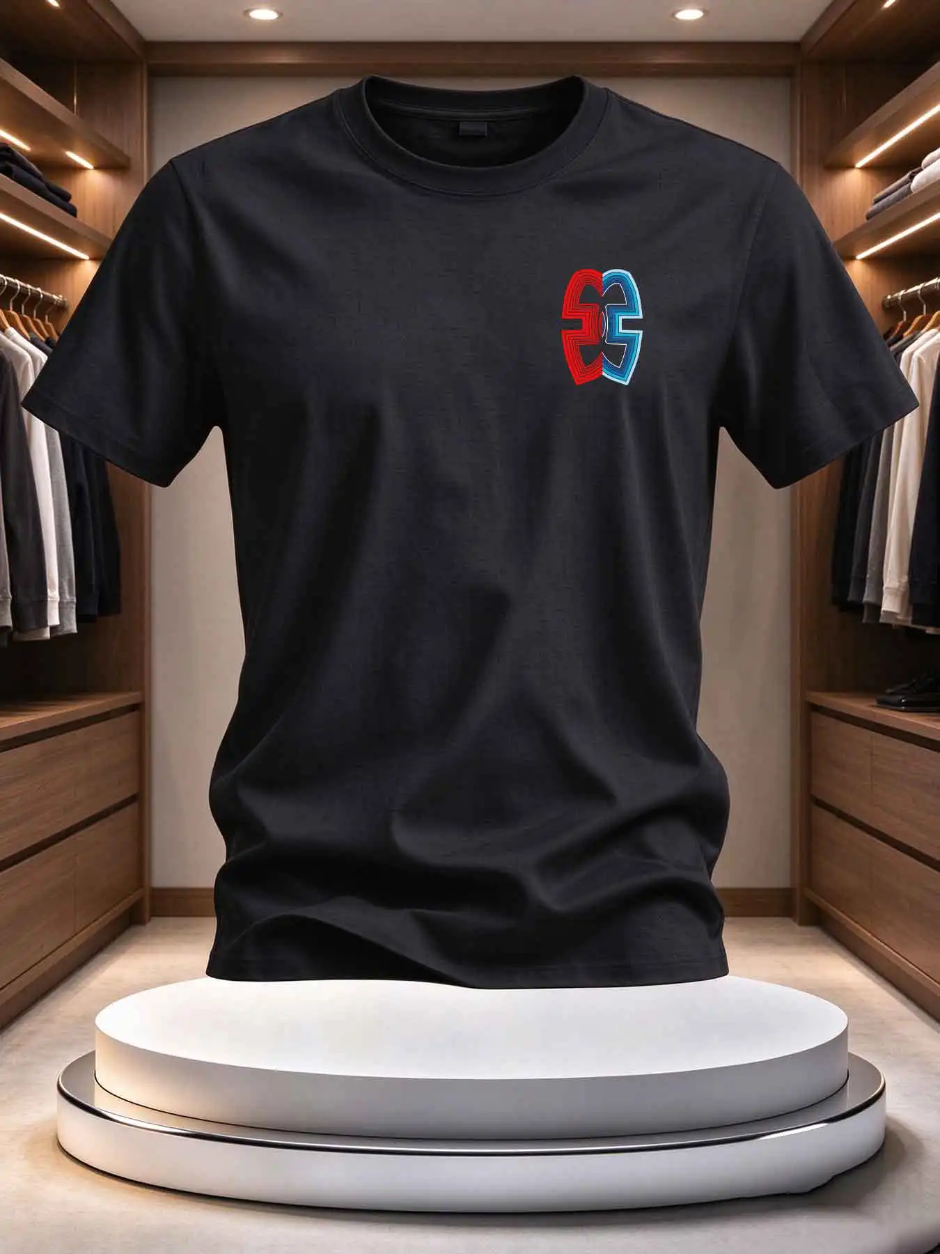 Unisex Crew Neck Short Sleeve T-shirt, Summer White Casual Top With Red Blue Line Print On Chest