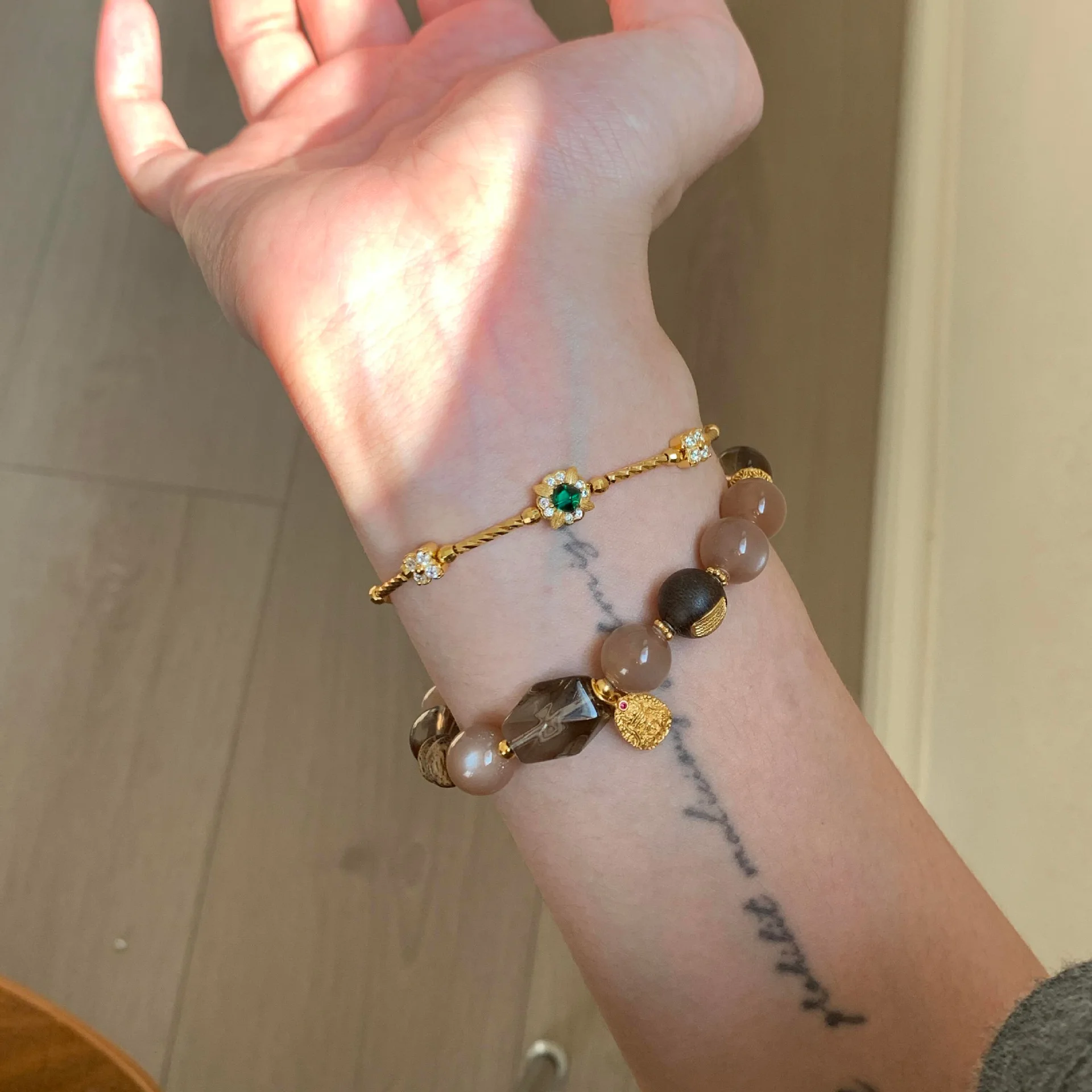 S925 Silver Green Sugar Tower Four Leaf Flower Bracelet Light Luxury Vintage Women Bangle