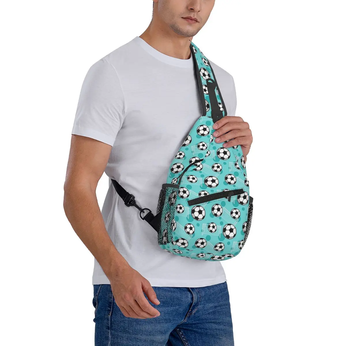 Soccer Ball And Goal Teal Pattern - Teal Soccer Chest Bag Men Sling Crossbody Backpack Chest Bag Hiking Daypack Shoulder Bag