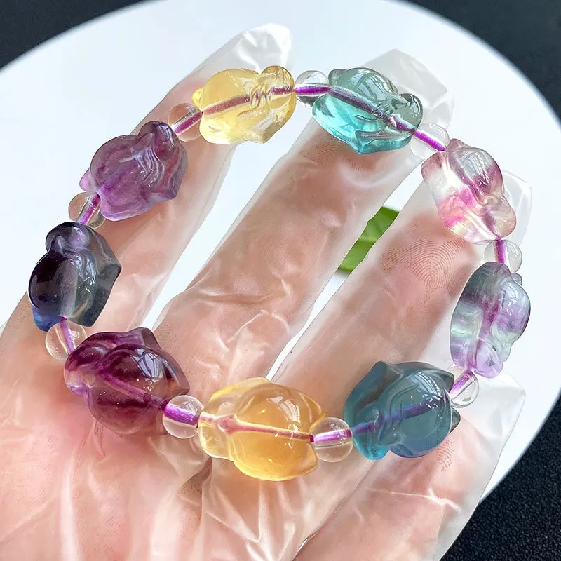 Genuine Natural Colorful Fluorite Carved Fox Bracelet 18x13mm Clear Beads Crystal Purple Fluorite 14x14mm Women Men AAAAA