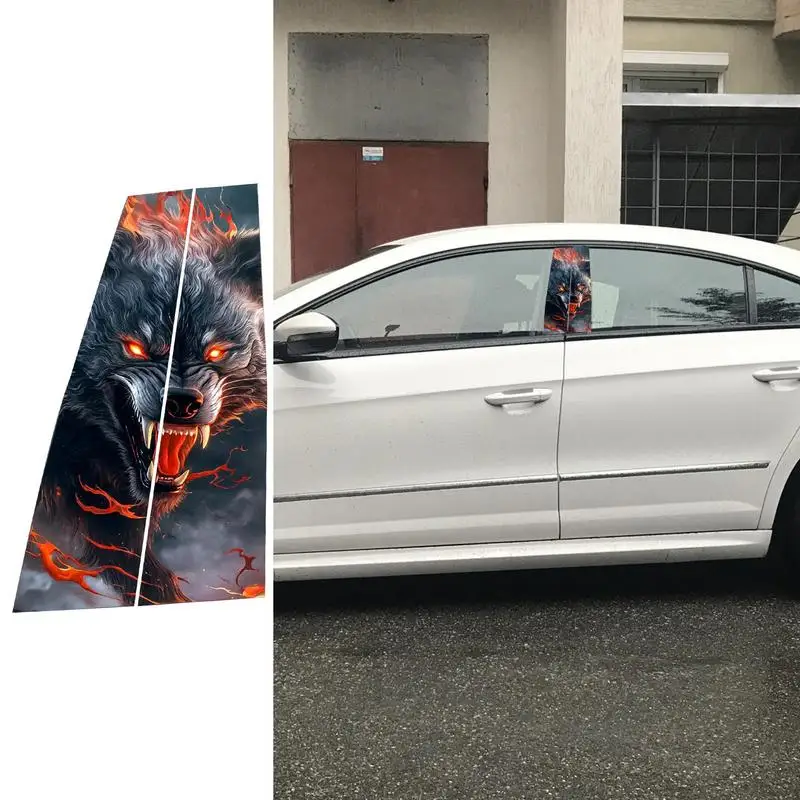 Car Center Pillar Sticker Car Center Column Sticker Black Wolf Engulfed In Flames Anti-Scratch Stickers Side Door Window Cover