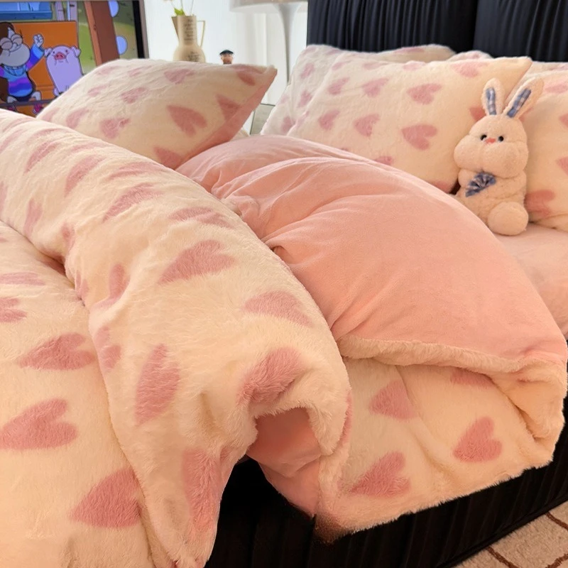 Autumn Winter New Rabbit Fleece Four-piece Light Luxury Milk Fleece Thickened Coral Double-sided Fleece Single-piece Quilt Cover