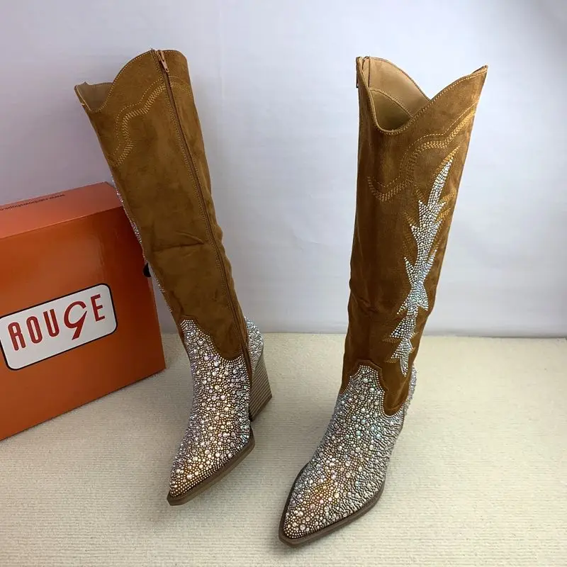 Vintage Chunky Heel Boots Plus Size Spiny Pointed Rhine-drill Side Zippers Lightweight and Comfortable Western Cowboy Boots