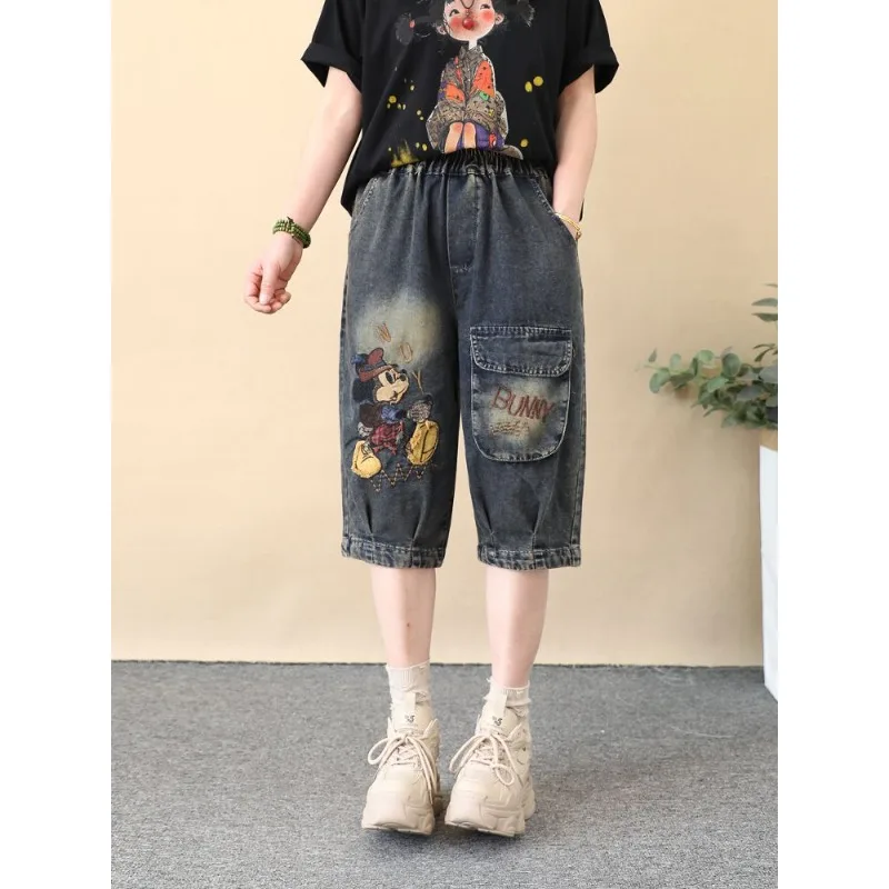 

Mickey Embroidered Jeans Women Loose Plus Size Straight Cropped Capris Drawstring Cuffed Thin Denim Pants with Letter Pocket