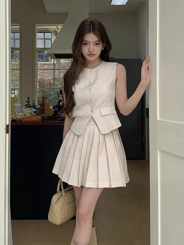 2024 Summer Skirt Set For Women\'s Light Luxury High End Vest Pleated Skirt Two Piece Sets Lady Fashion Casual Conjuntos Cortos