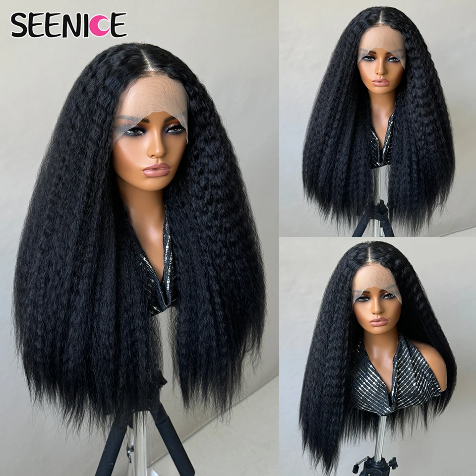28 Inch Ombre Black Brown Kinky Straight Synthetic Lace Front Wig Black T-Part 13x5 Long Afro Yaki Straight Wigs for Women