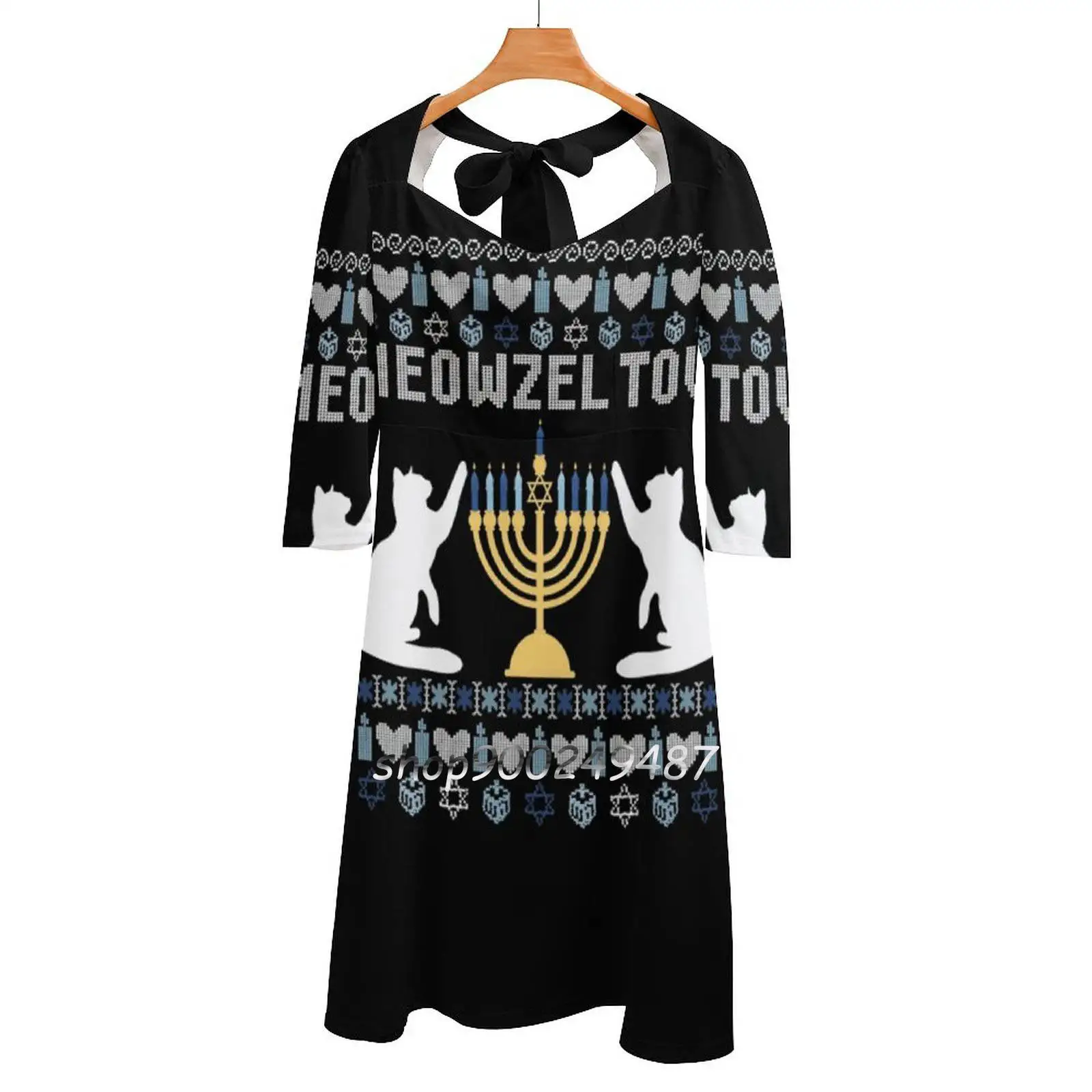 Meowzel Tov Chanukah Hemd Square Neck Kleid Nette Lose Druck Kleider Elegante Strand Party Kleid Lustige Chanukah Lustige Chanukka-schmucksachen-blau