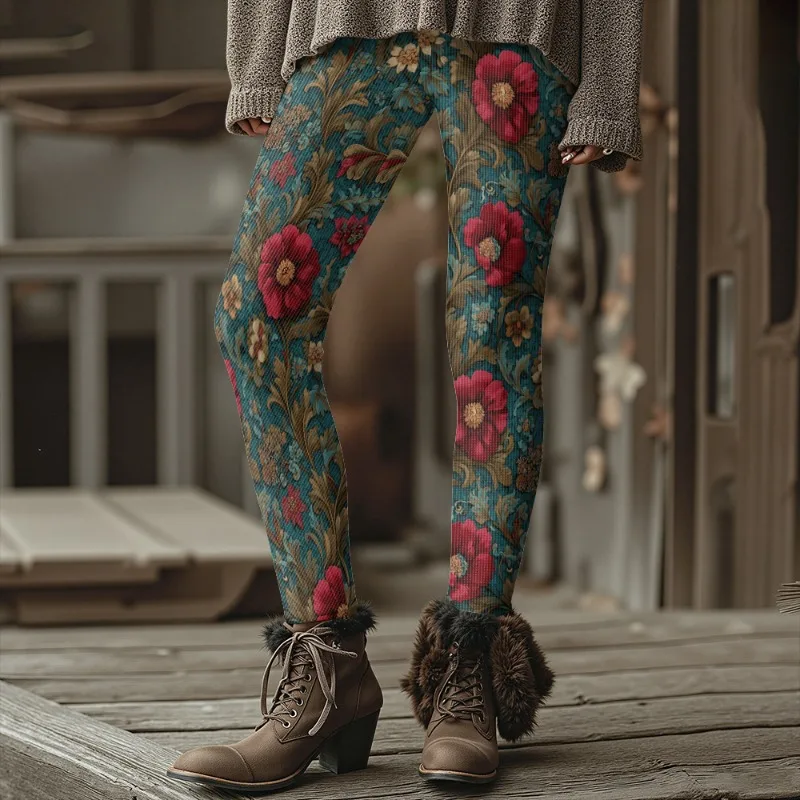 المرأة خمر الملونة الأزهار طباعة سميكة الشتاء طماق الجوارب الحرارية الدافئة لخريف شتاء موضة السراويل الناعمة بسط #4