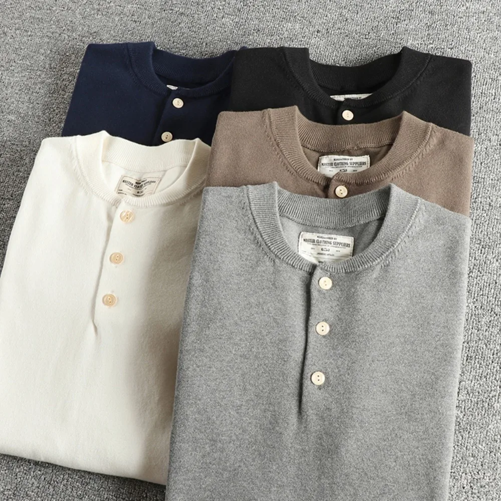 Autumn and winter new American retro trendy Henry collar sweater long-sleeved men's pure cotton fabric comfortable bottoming top